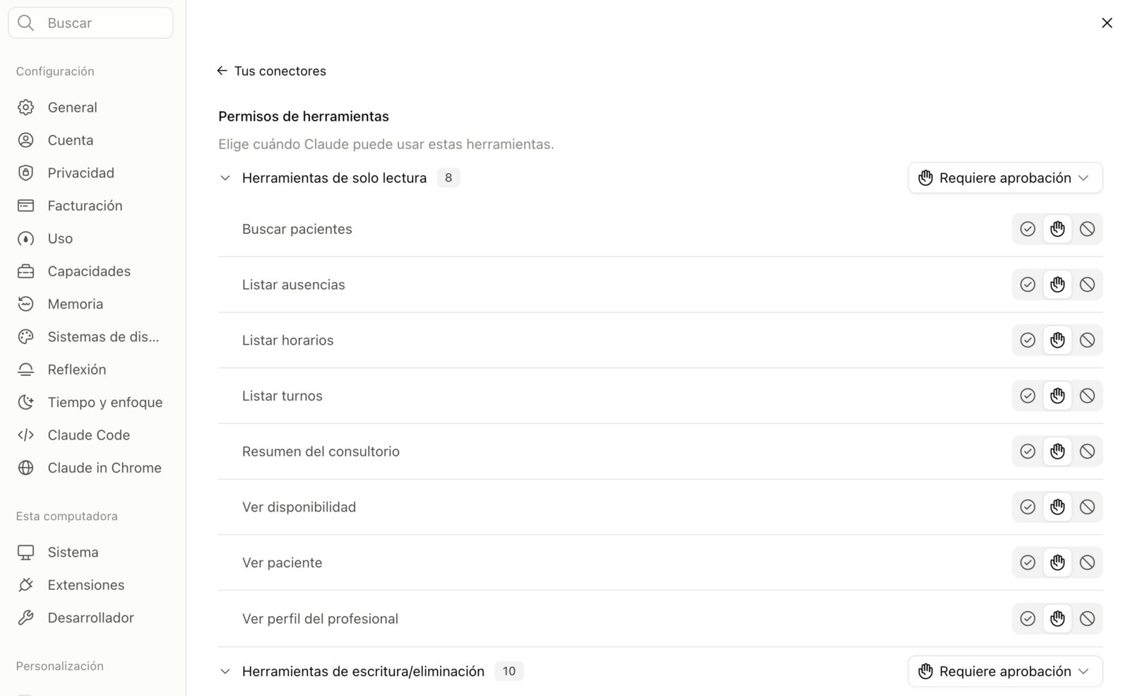 Claude mostrando as ferramentas do Mis Pacientes: buscar pacientes, listar atendimentos, ver disponibilidade e mais